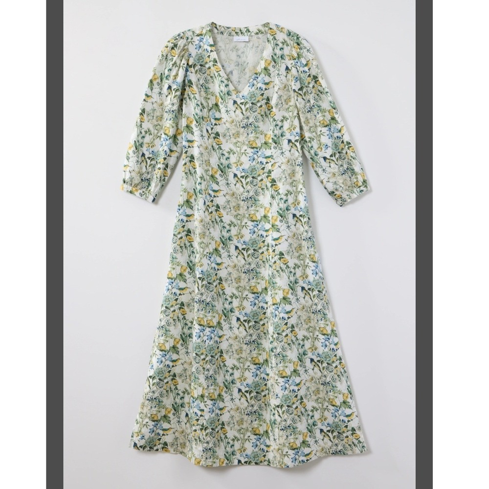 J. Jill Linen Blend Floral Bird Print Maxi Dress Blue Yellow Large Cottagecore